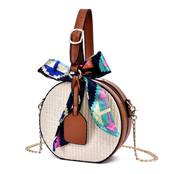 Women Straw Round Crossbody Bag Twilly Scarf Woven Detail Bag