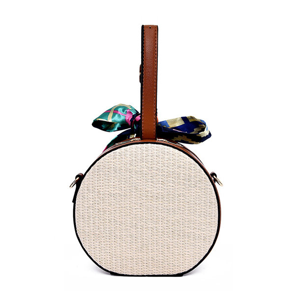 Women Straw Round Crossbody Bag Twilly Scarf Woven Detail Bag