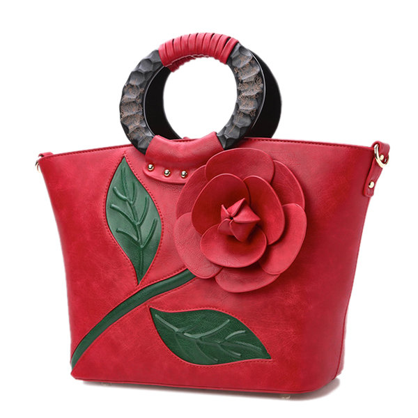 Women National Style Flower Decoration PU Leather Handbag Crossbody Bag