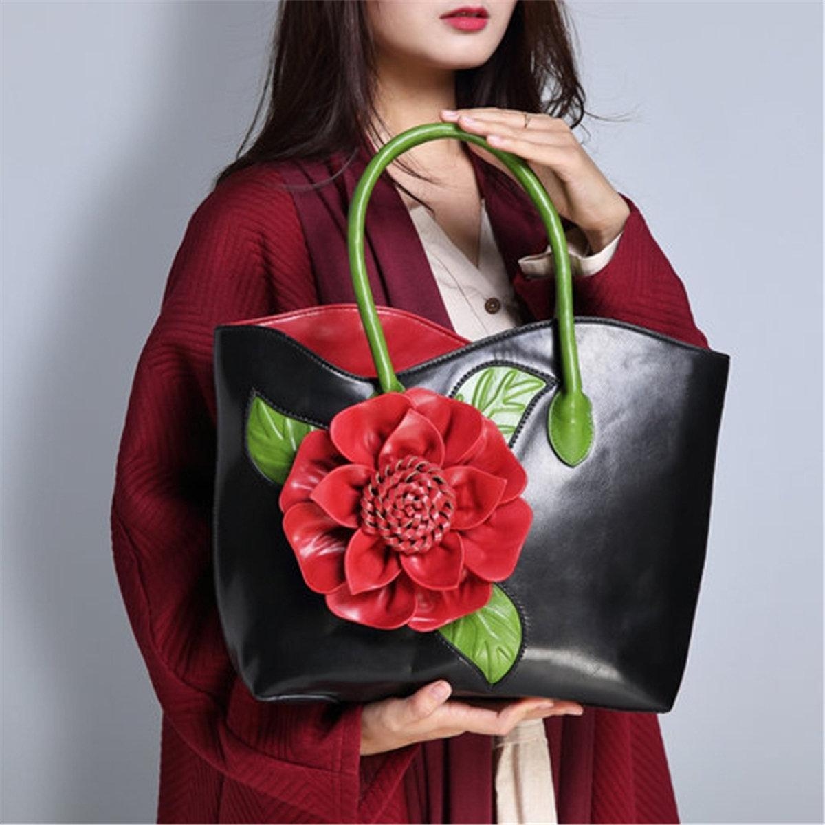 Women National Style Flower Decoration Handbag PU Leather Sling Bag