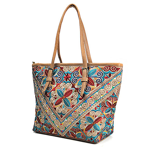 National Embossed Flowers Tote Handbags Vintage Geometry Shopping Bags