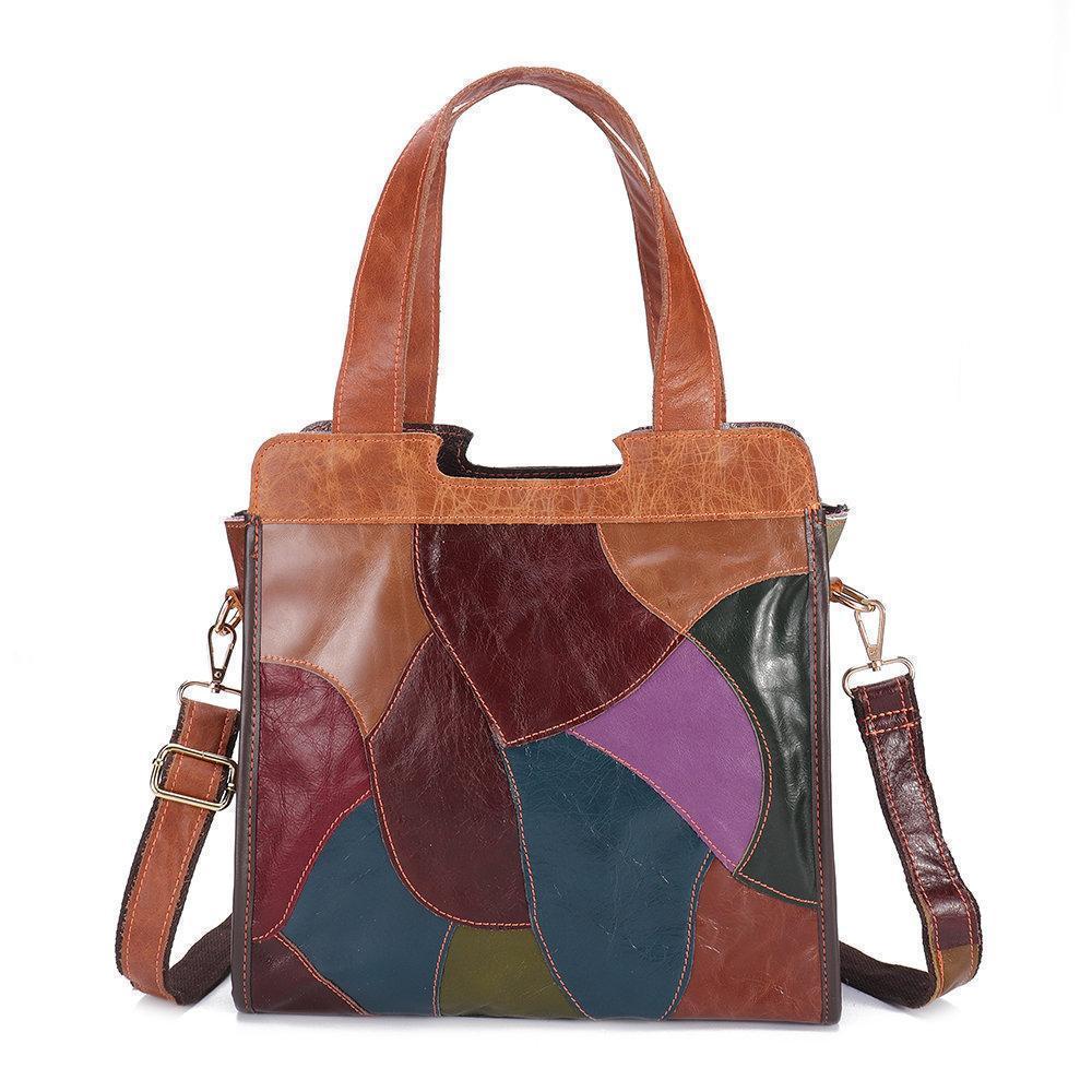 Women Patchwork Genuine Leather Tote Bags Large Capacity Handbags Bohemian Vintage Crossbody Bags