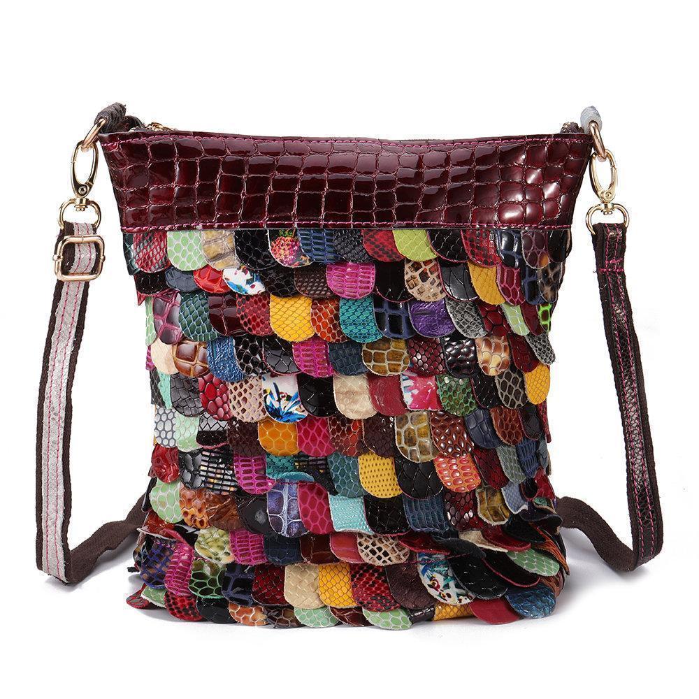 Women Bohemian Floral Genuine Leather Handbags Bright Crossbody Bags