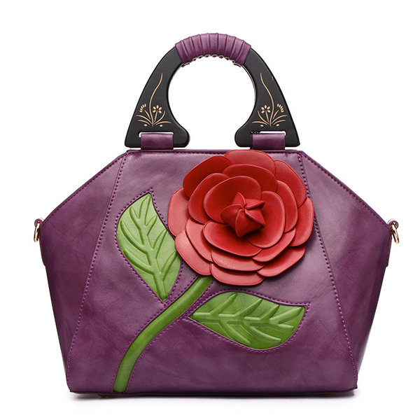 Women National Style Recorative Roses Wooden Handle PU Leather Handbag