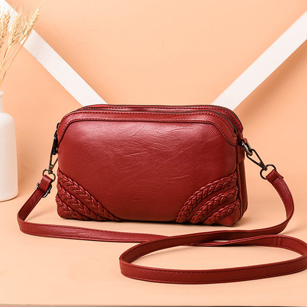 Women Vintage Soft PU Leather Crossbody Bag Solid Double Layer Shoulder Bag