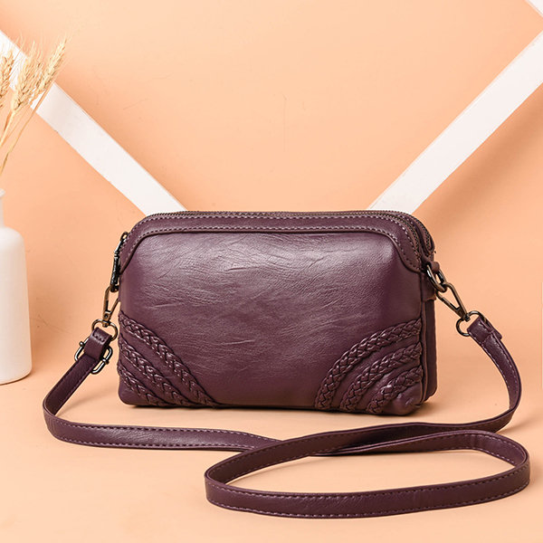 Women Vintage Soft PU Leather Crossbody Bag Solid Double Layer Shoulder Bag