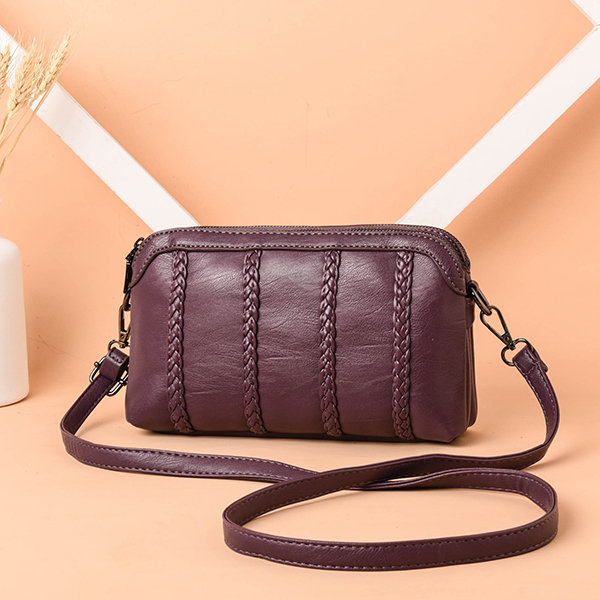 Women Vintage Soft PU Leather Crossbody Bag Solid Double Layer Shoulder Bag