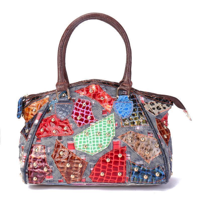 Women Stitching Patchwork Handmade Vintage Genuine Leather Handbags