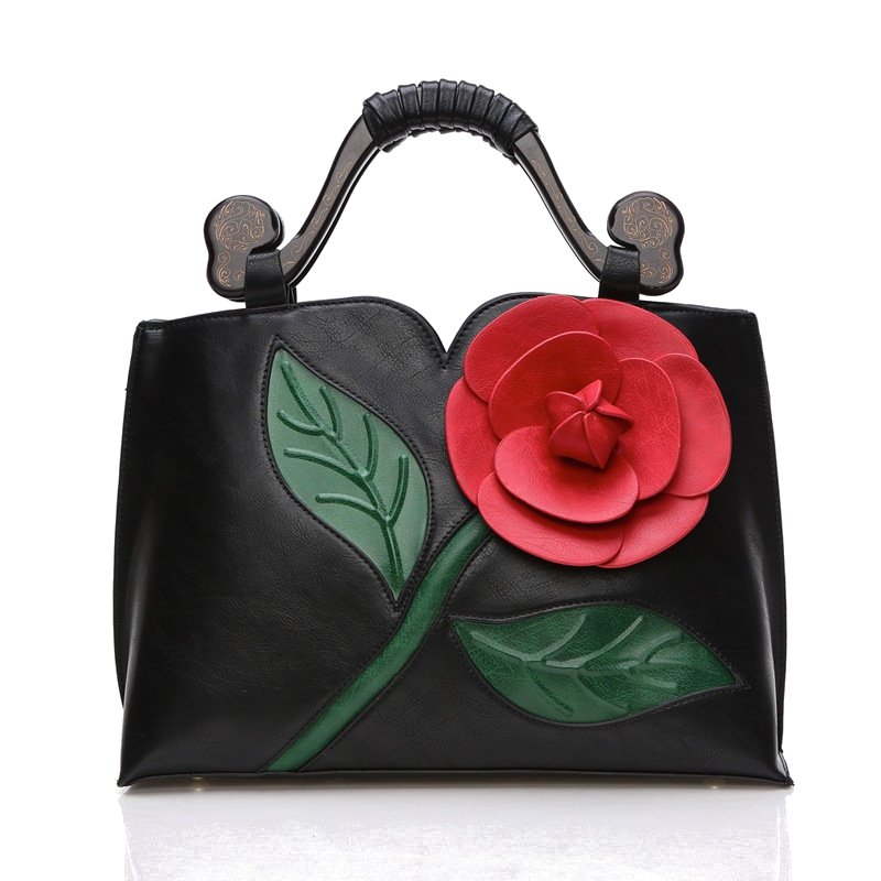 Women National Style Flower Decoration PU Leather Handbags Crossbody Bag