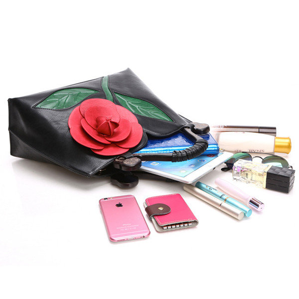 Women National Style Flower Decoration PU Leather Handbags Crossbody Bag