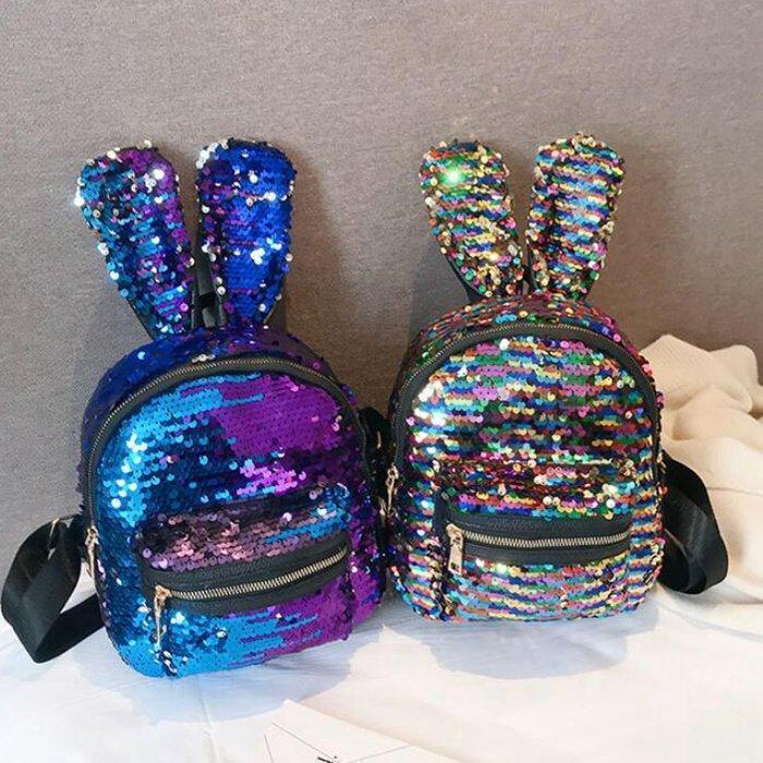 Women Rabbit Ears Sequined Shoulder Bag Colorful Backpack Cute Reflective Bag