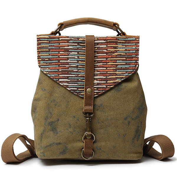 Women Men Canvas Genuine Leather Patchwork Backpack Shoulder Bags