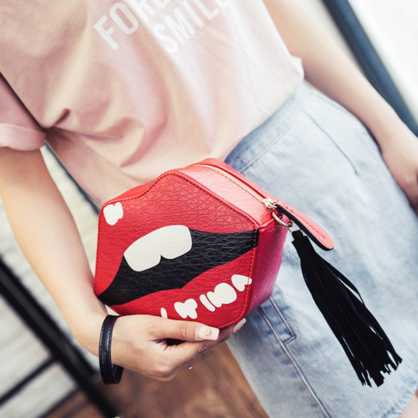 Women PU Leather Bags Red Lips Shoulder Bags Tassel Crossbody Sweet Lolita Bag