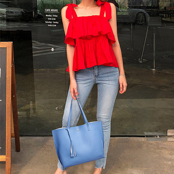 Women PU Leather Solid Casual Tassel Handbag Simple Shopping Shoulder Bag